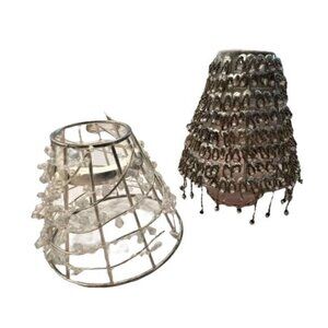 Beaded Mini Lampshades (2) Silver White Coordinated BOHO 70s Cottage Shabby Chic